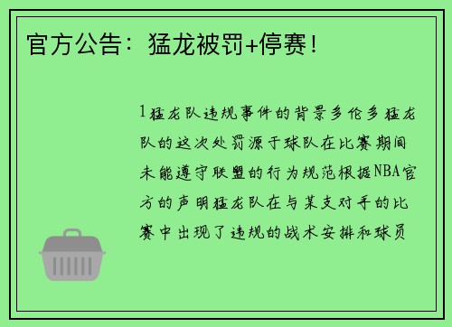官方公告：猛龙被罚+停赛！