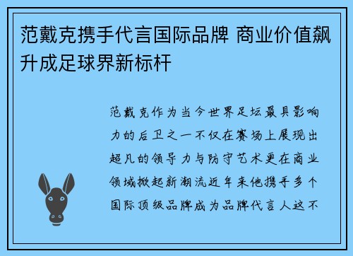 范戴克携手代言国际品牌 商业价值飙升成足球界新标杆